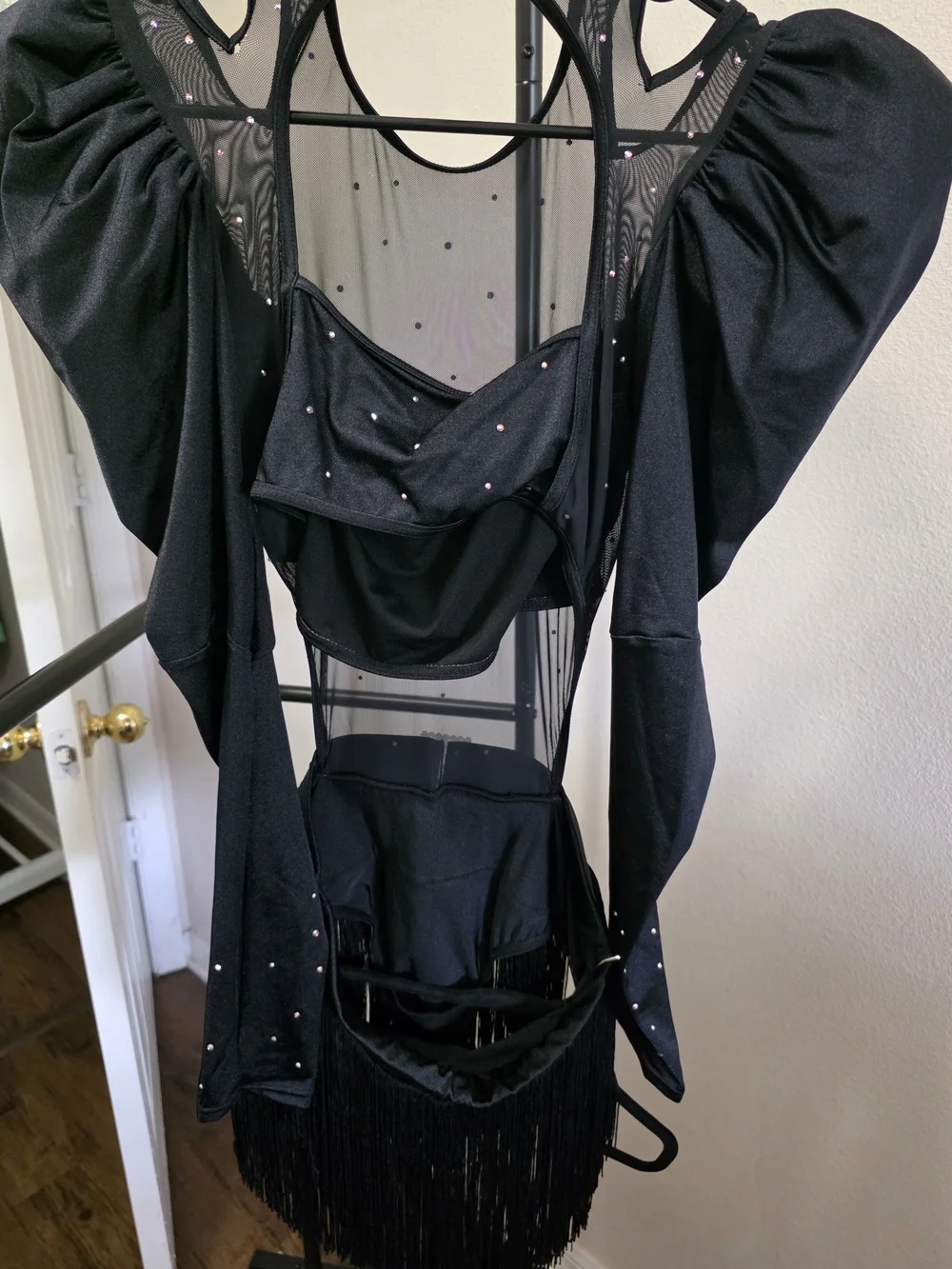 Black Sheer Mesh Fringe with Rhinestones Dance Costume